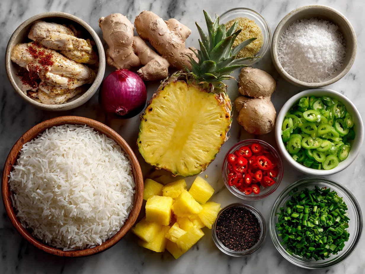 Ingredients for Pineapple Chicken and Rice including chicken, pineapple, rice, and vegetables