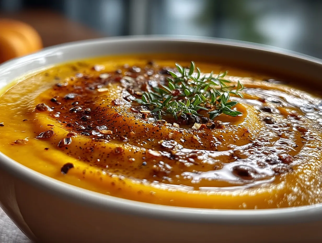A bowl of Pumpkin and Butternut Squash Soup with Ginger garnished with fresh herbs