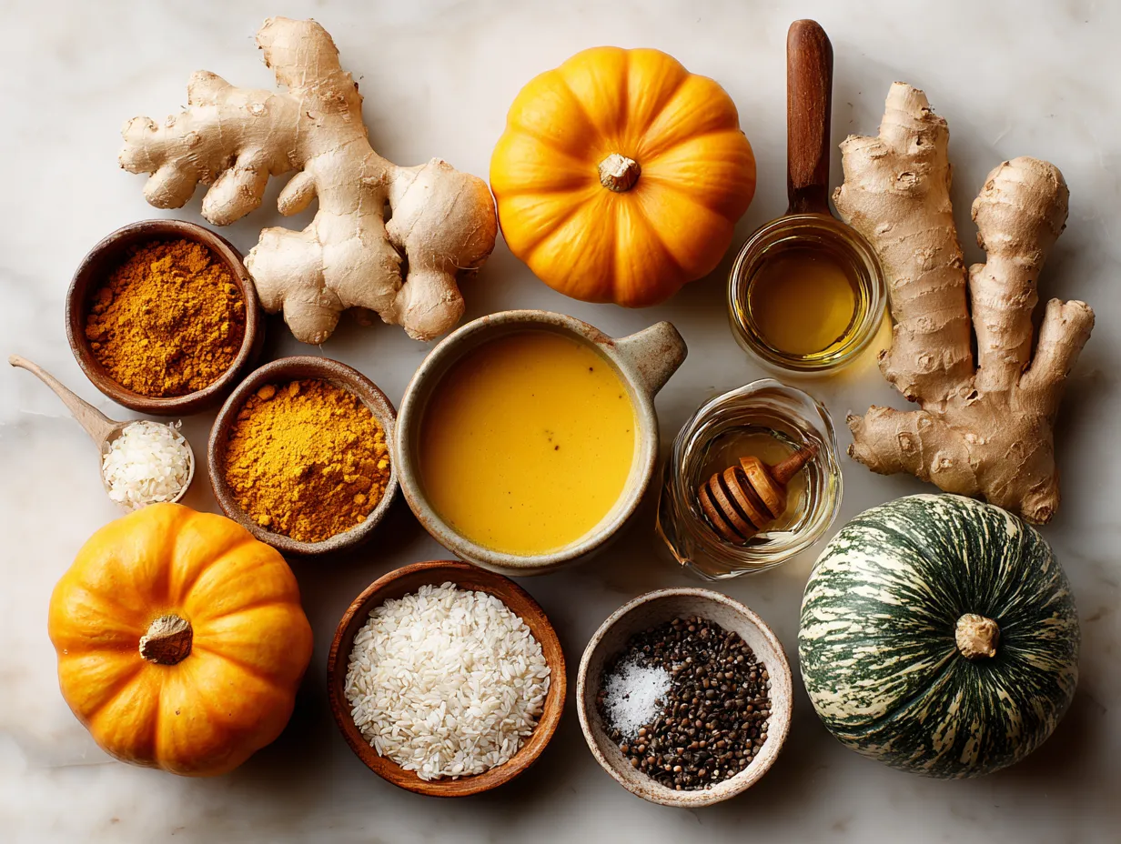 Ingredients for Pumpkin and Butternut Squash Soup with Ginger laid out on a wooden surface