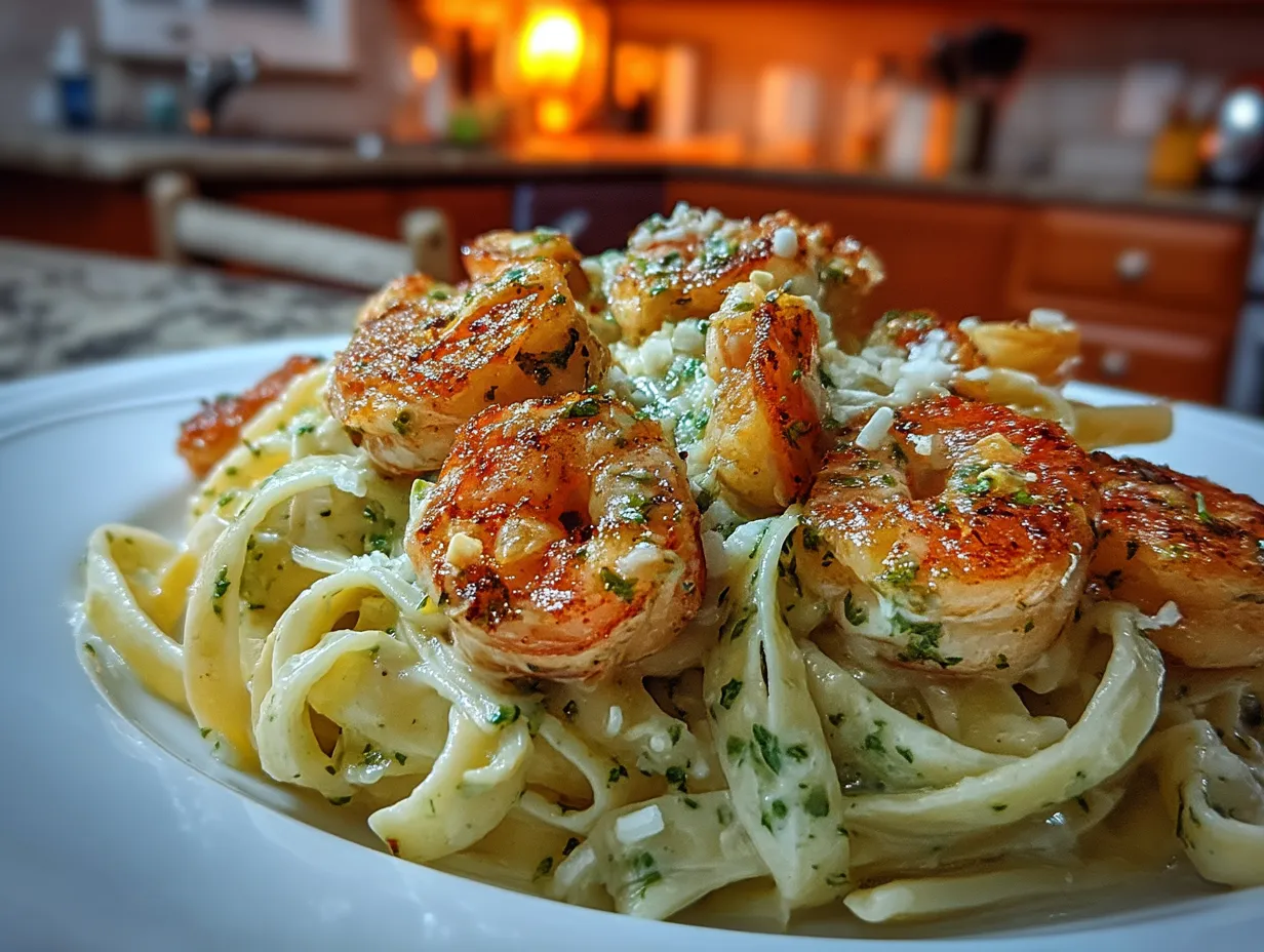 Serving Shrimp Fettuccine Alfredo with Roasted Garlic on a plate garnished with parsley