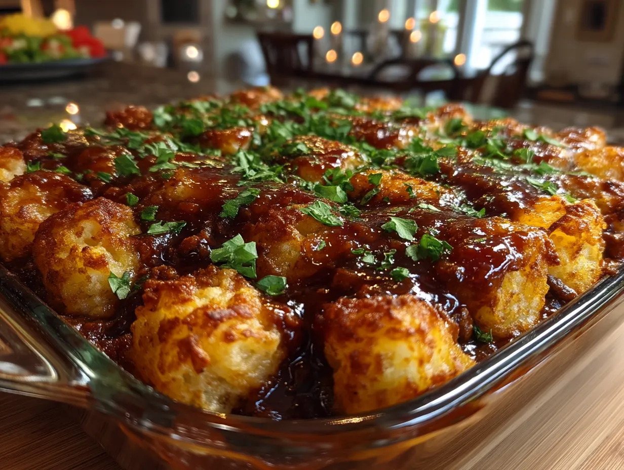 Serving Sloppy Joe Ground Turkey Casserole with Tater Tots