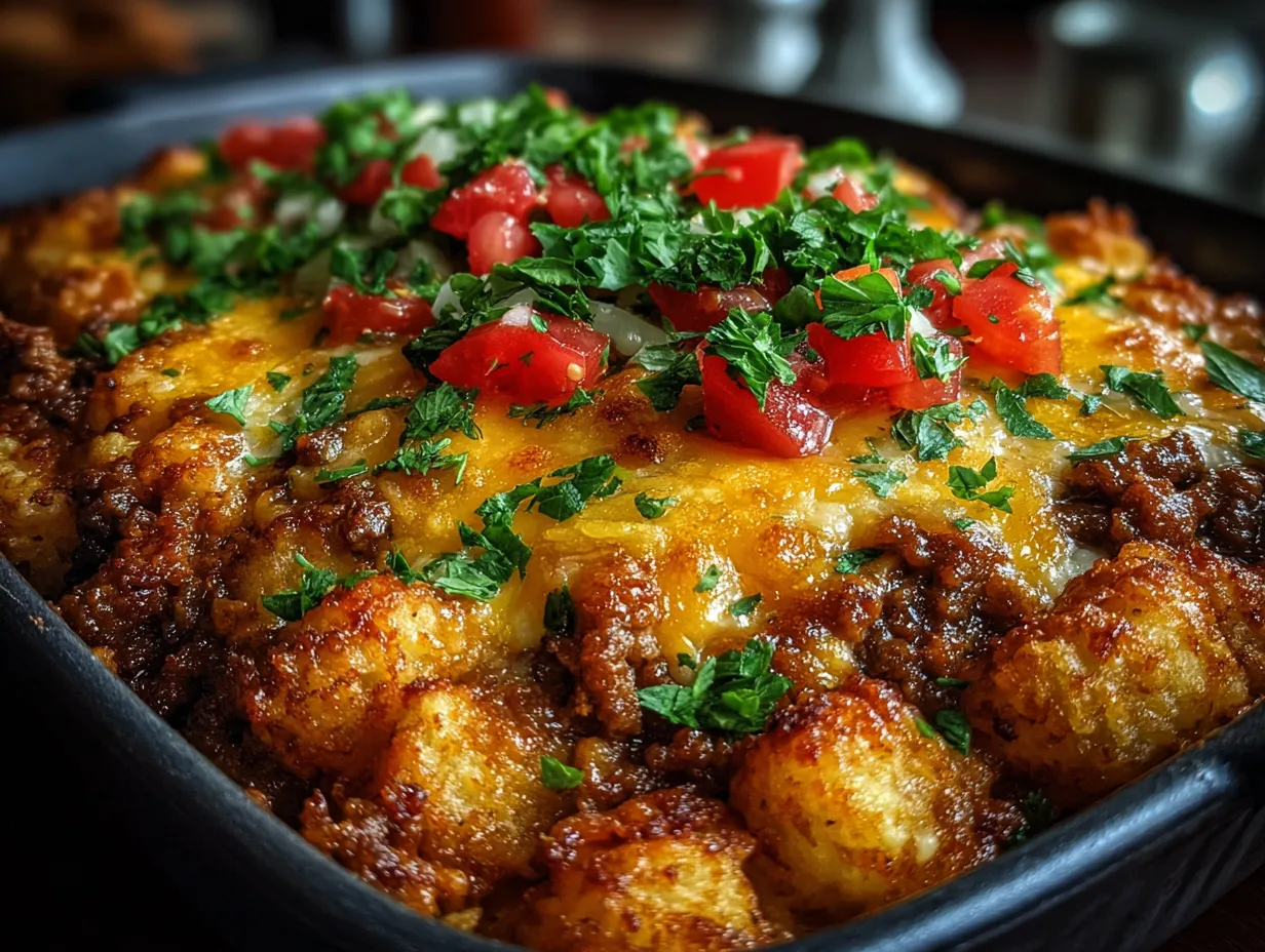 Sloppy Joe Ground Turkey Casserole with Tater Tots