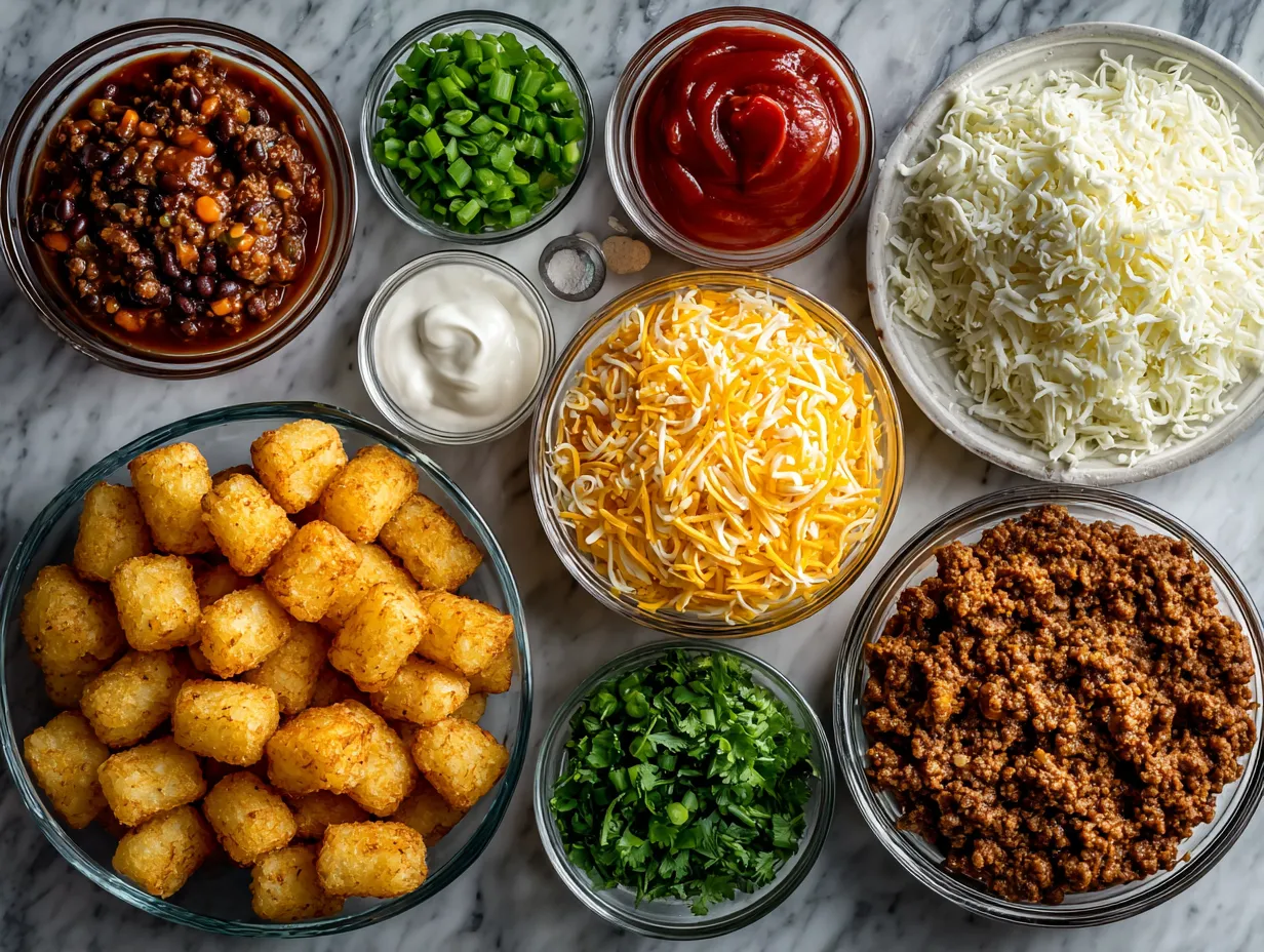 Ingredients for Sloppy Joe Ground Turkey Casserole with Tater Tots