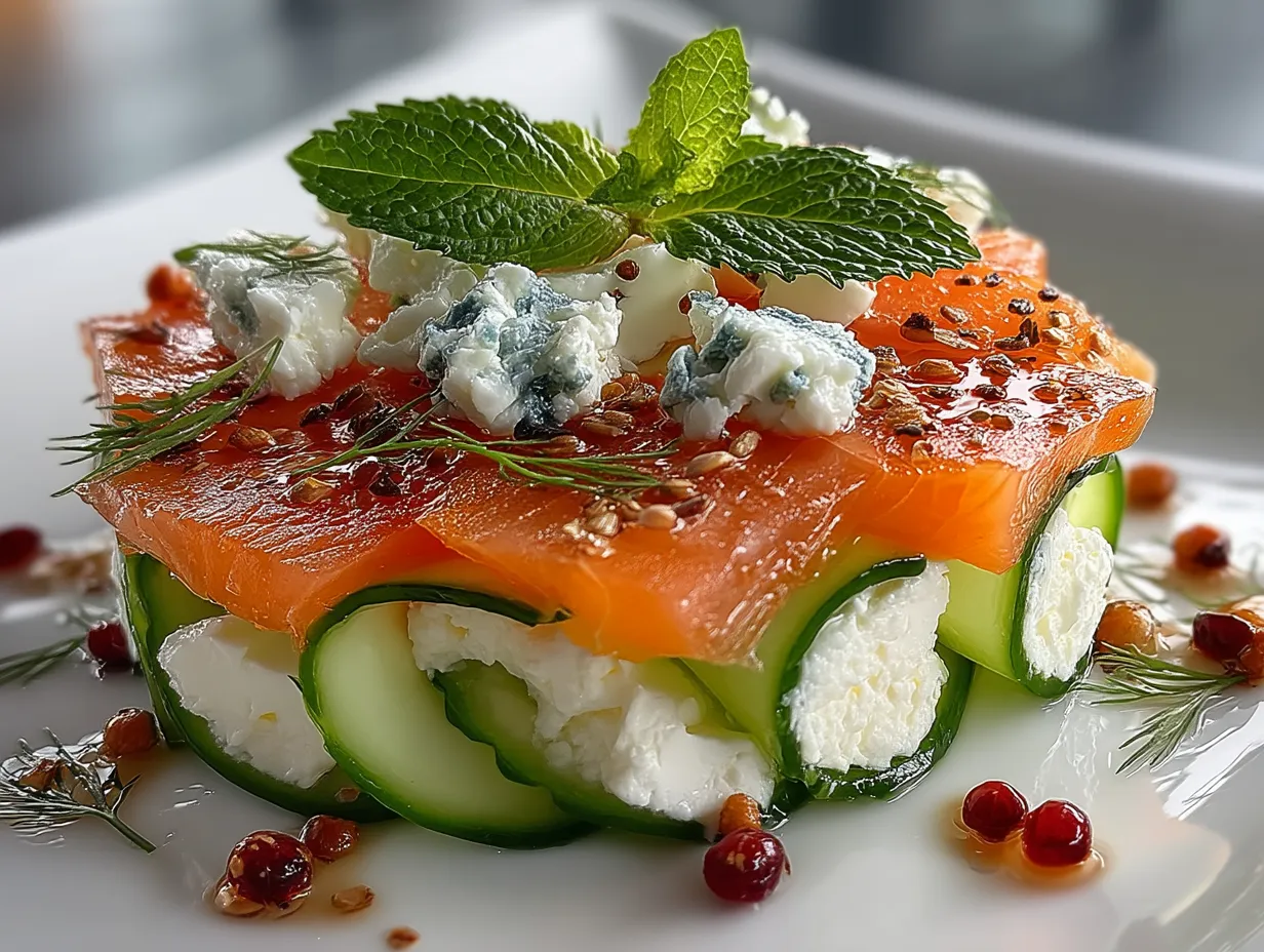 Serving Smoked Salmon and Cucumber Ribbon Salad with Cream Cheese on a plate