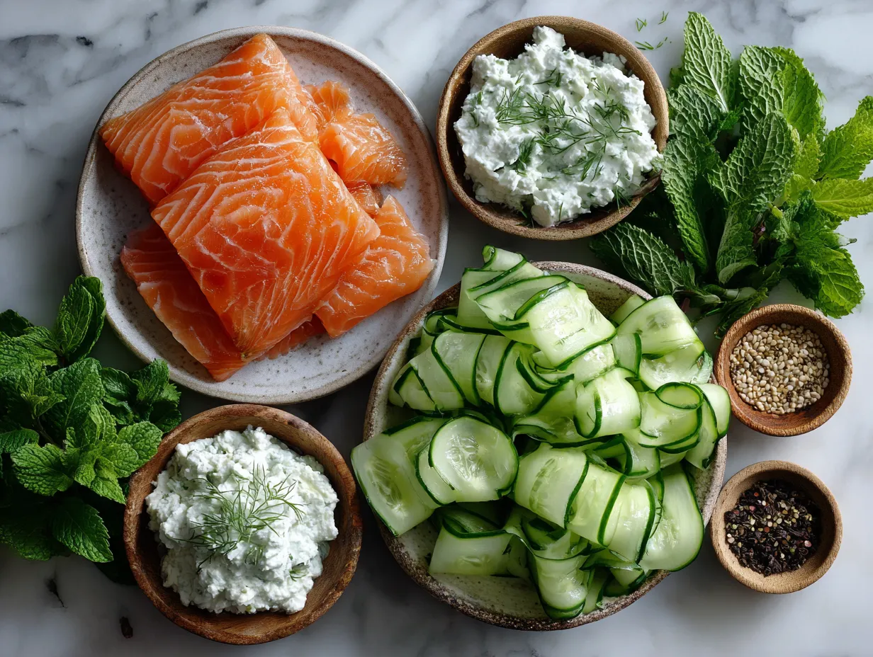 Fresh ingredients for Smoked Salmon and Cucumber Ribbon Salad with Cream Cheese