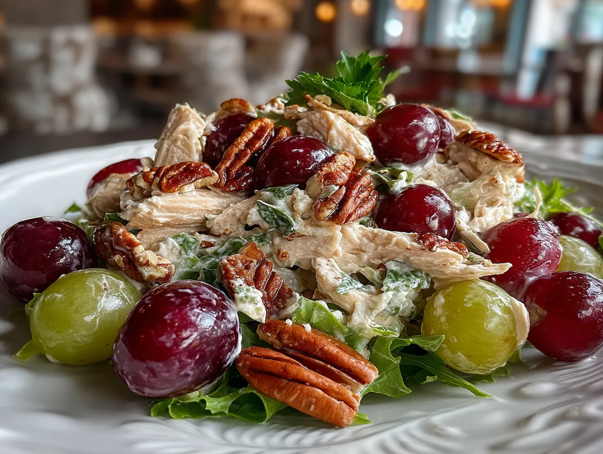 Serving Southern Chicken Salad with Grapes and Pecans in a bowl with fresh greens