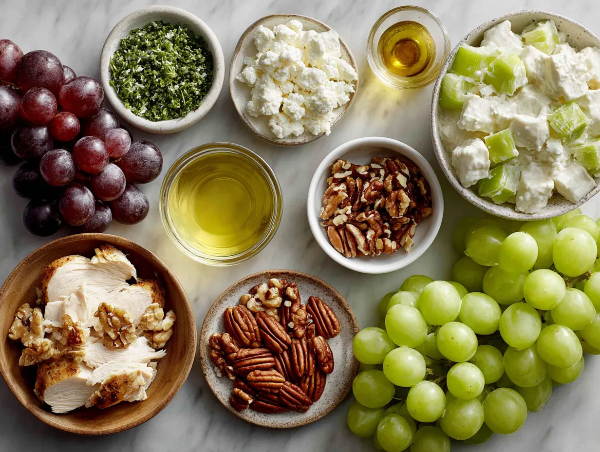 Ingredients for Southern Chicken Salad with Grapes and Pecans laid out on a wooden board