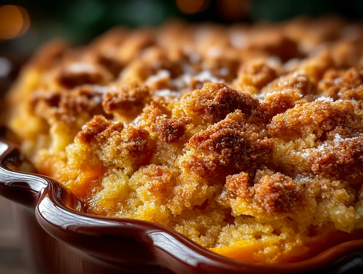 Southern Style Sweet Potato Casserole served in a dish on a table