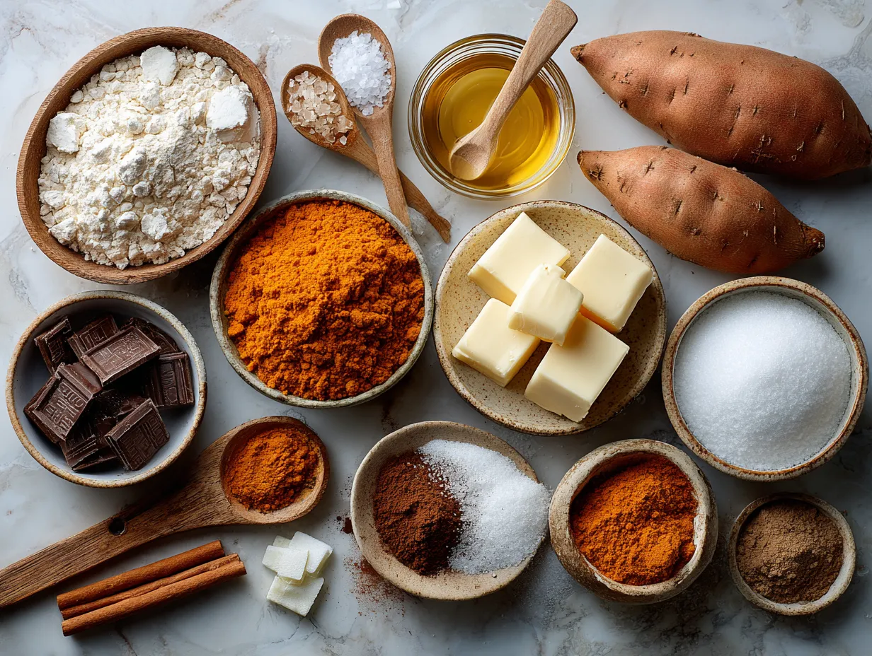 Ingredients for Southern Style Sweet Potato Casserole on a wooden table
