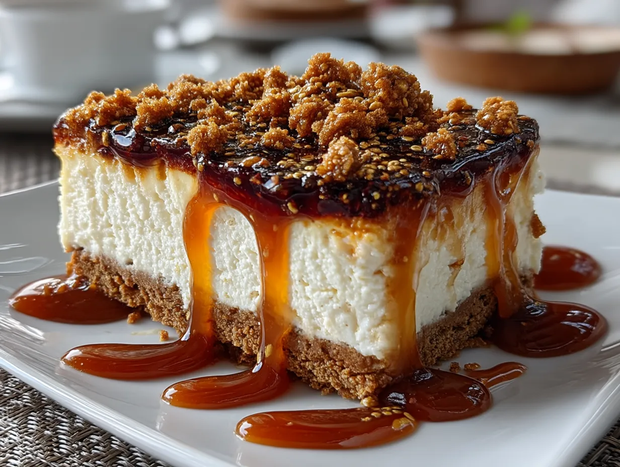 Slice of Spiced Gingerbread Cheesecake with Caramel Glaze served