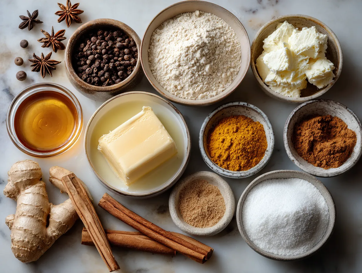 Ingredients laid out for Spiced Gingerbread Cheesecake with Caramel Glaze
