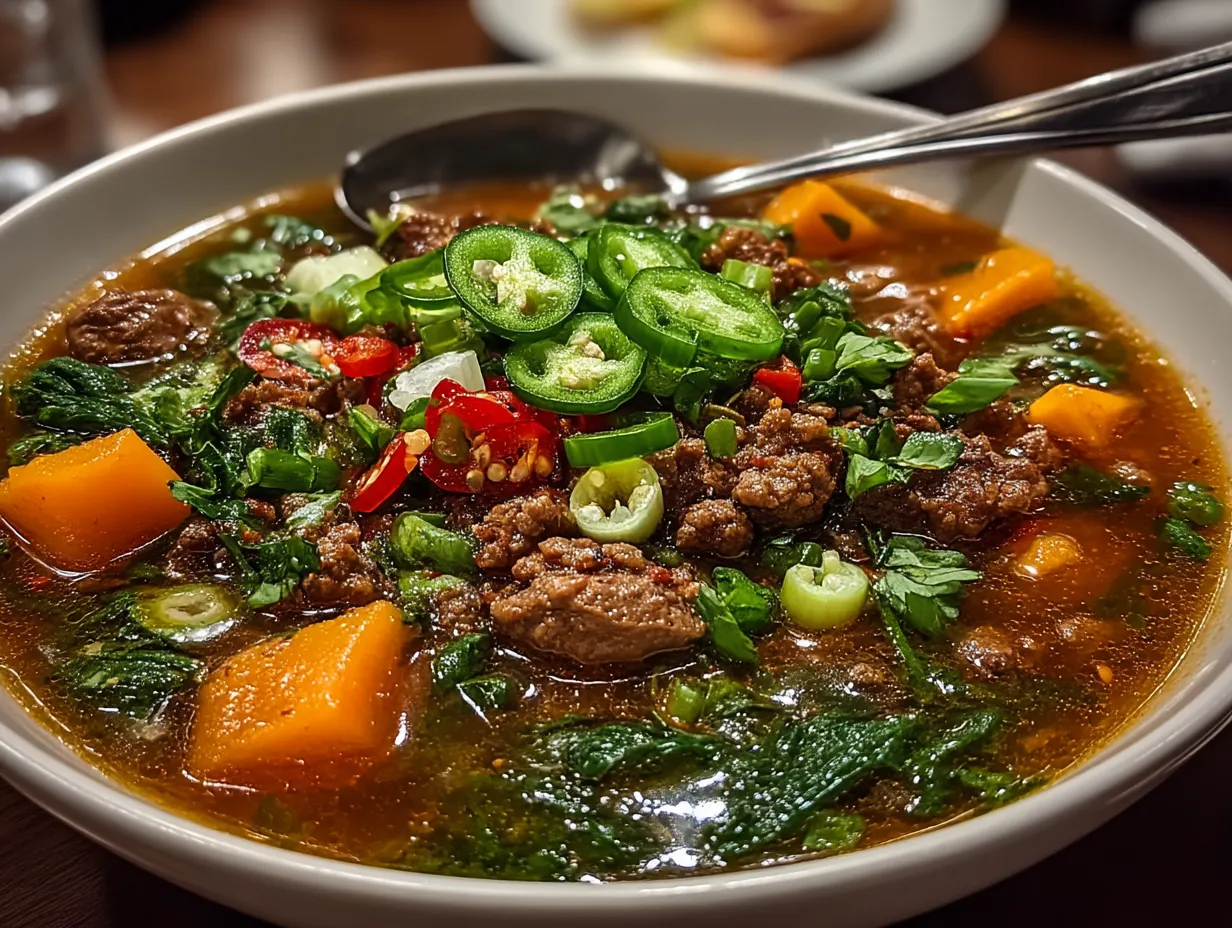 Serving bowl of Spicy Minced Beef and Sweet Potato Puchero Soup garnished with fresh herbs