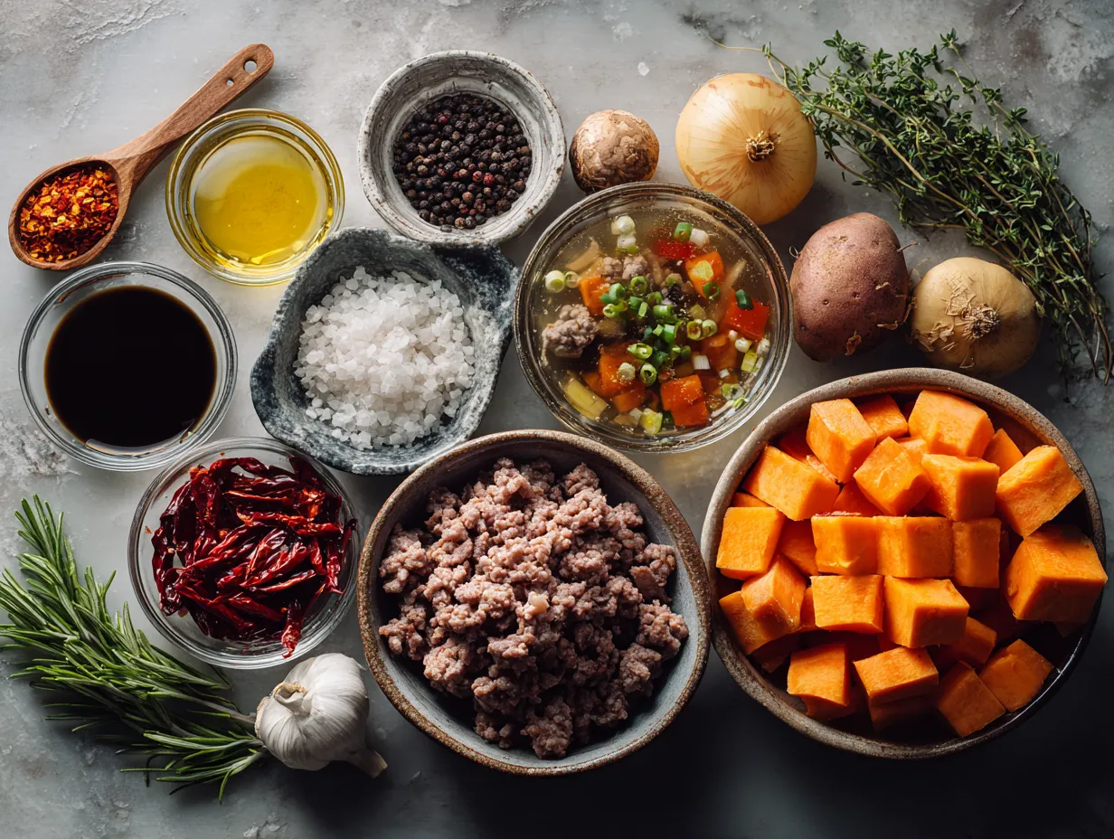 Ingredients for Spicy Minced Beef and Sweet Potato Puchero Soup including sweet potatoes, minced beef, spices, and vegetables