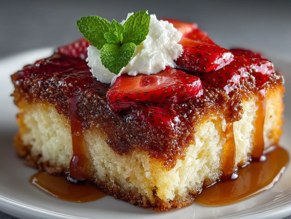 Served slices of Strawberry Earthquake Cake garnished with fresh strawberries and nuts
