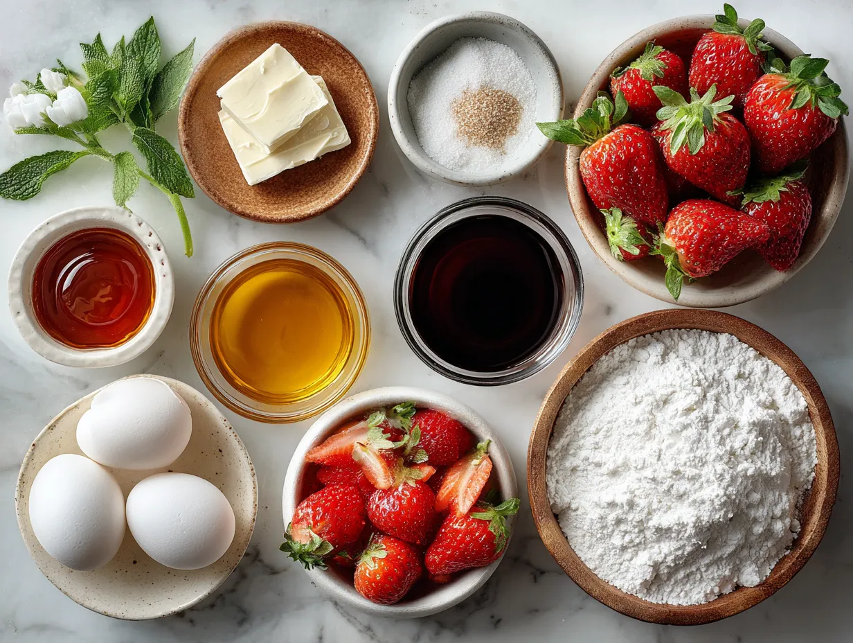 Ingredients laid out for Strawberry Earthquake Cake including cake mix, gelatin, cream cheese, butter, powdered sugar, and strawberries