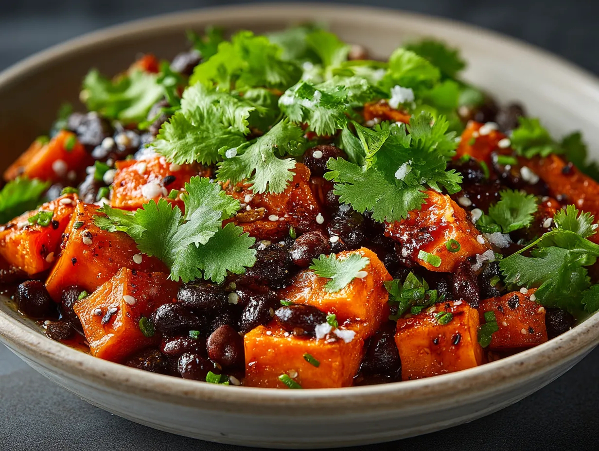 Served Sweet Potato Dinner Bowl with Black Beans on a table ready to eat