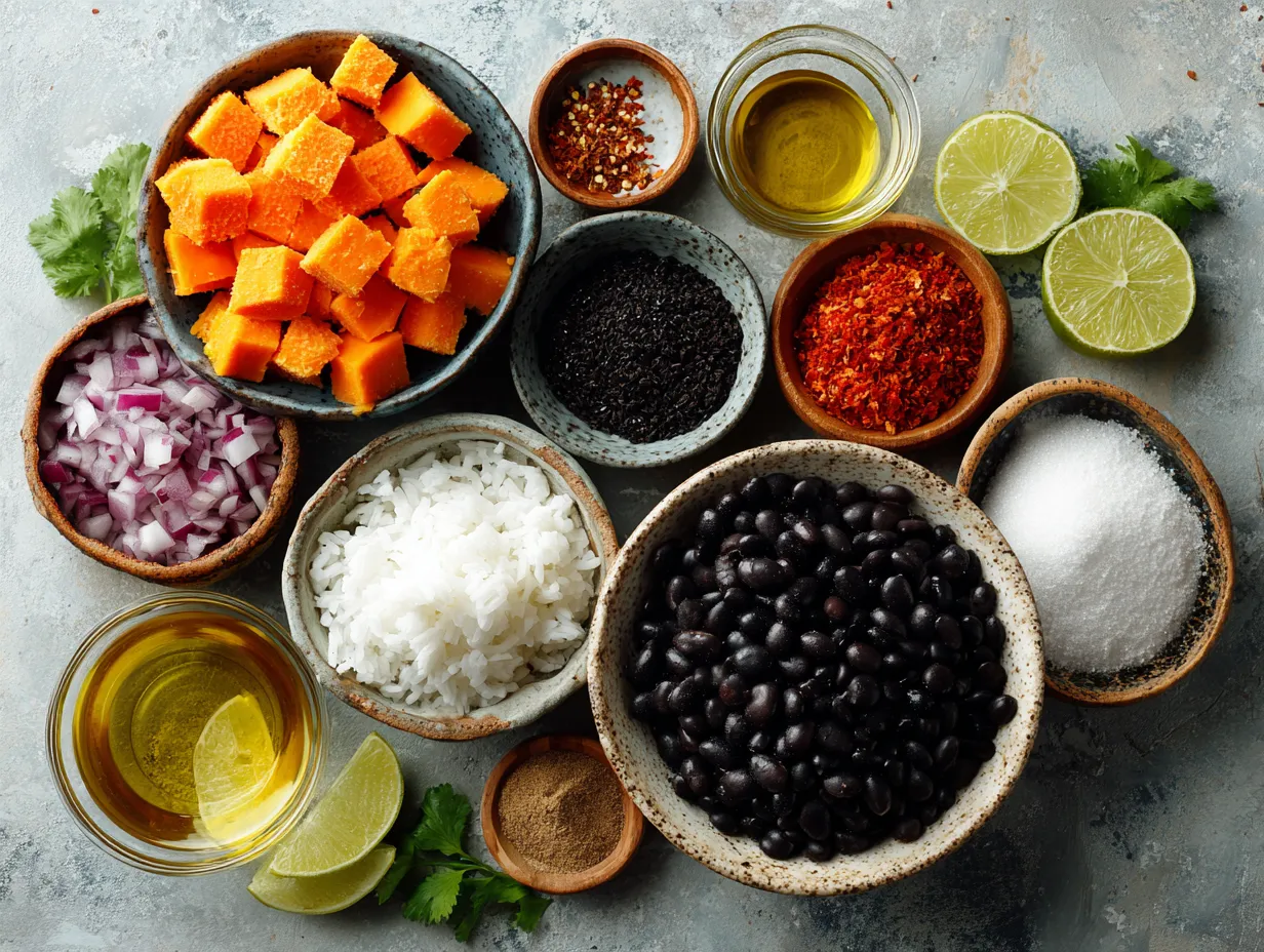 Ingredients laid out for Sweet Potato Dinner Bowl with Black Beans recipe