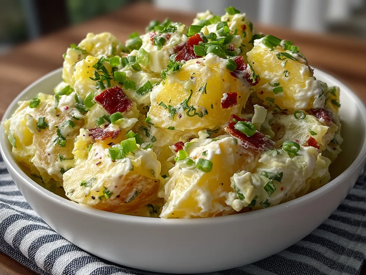 Traditional Jamaican Potato Salad with Scallions served in a bowl with herbs sprinkled on top
