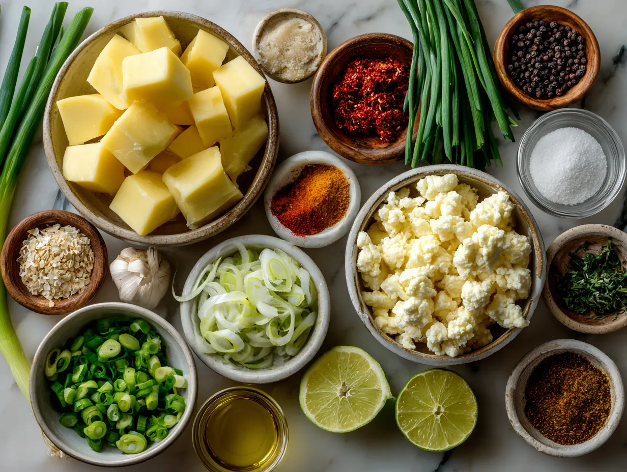 Ingredients for Traditional Jamaican Potato Salad with Scallions on a kitchen counter