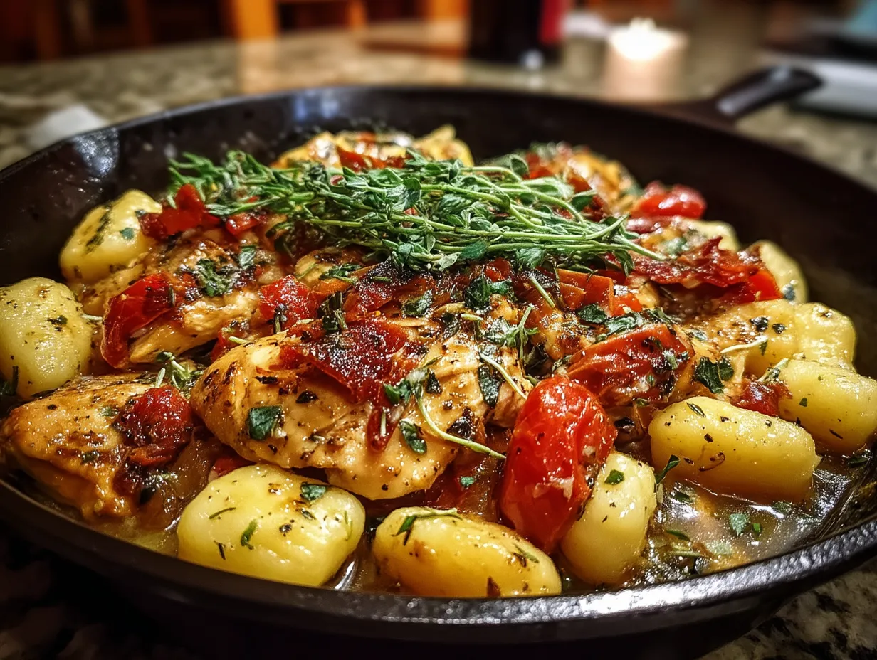 Tuscan chicken and gnocchi skillet served in a pan with fresh basil garnish