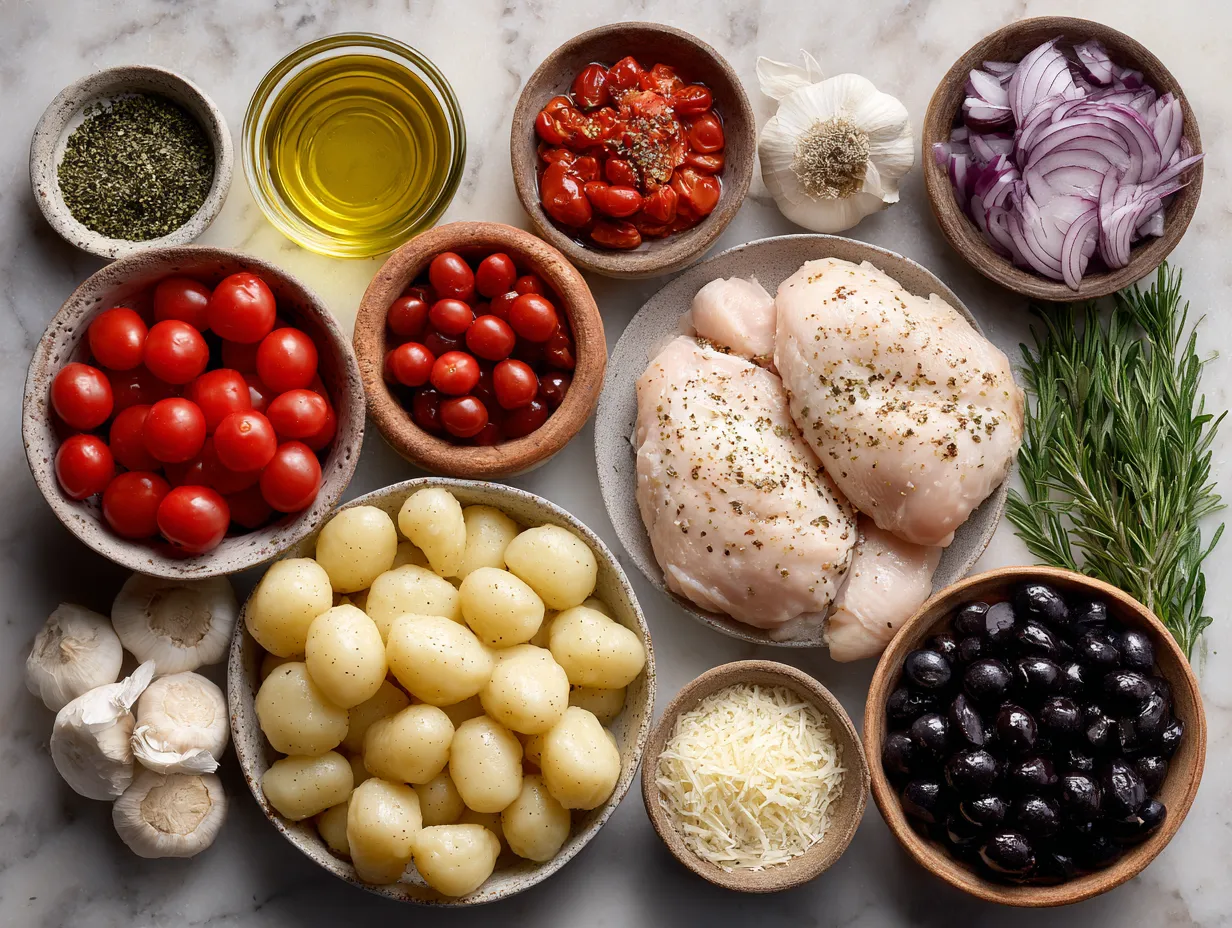 Ingredients laid out for Tuscan chicken and gnocchi skillet recipe