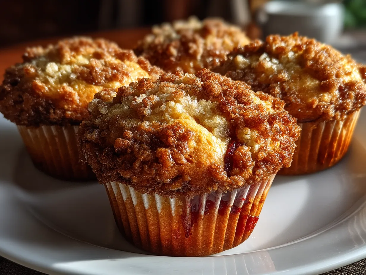 Upside Down Rhubarb Muffins with Cinnamon Streusel served with a rustic presentation