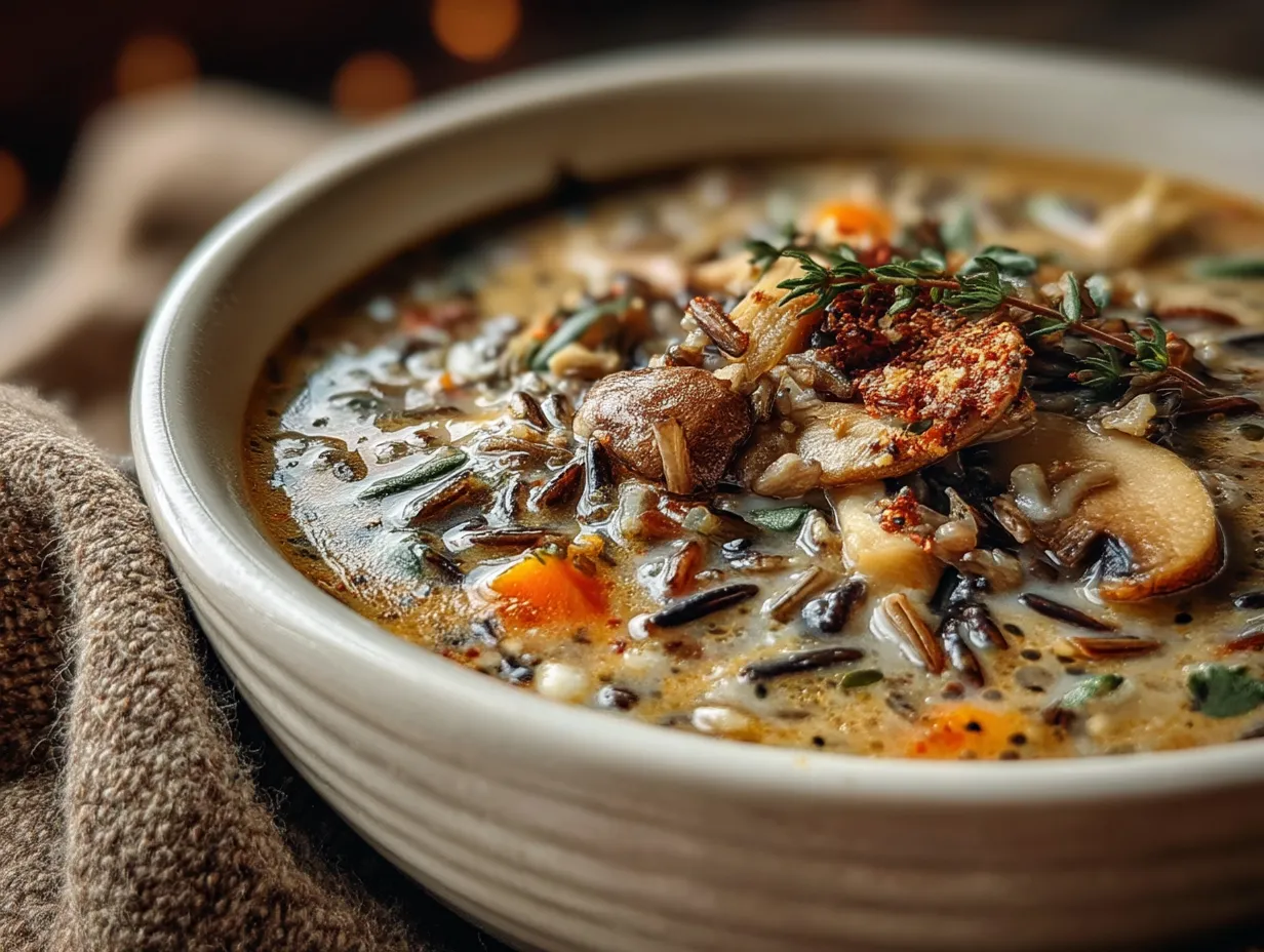 Serving wild rice and mushroom chowder with garnish