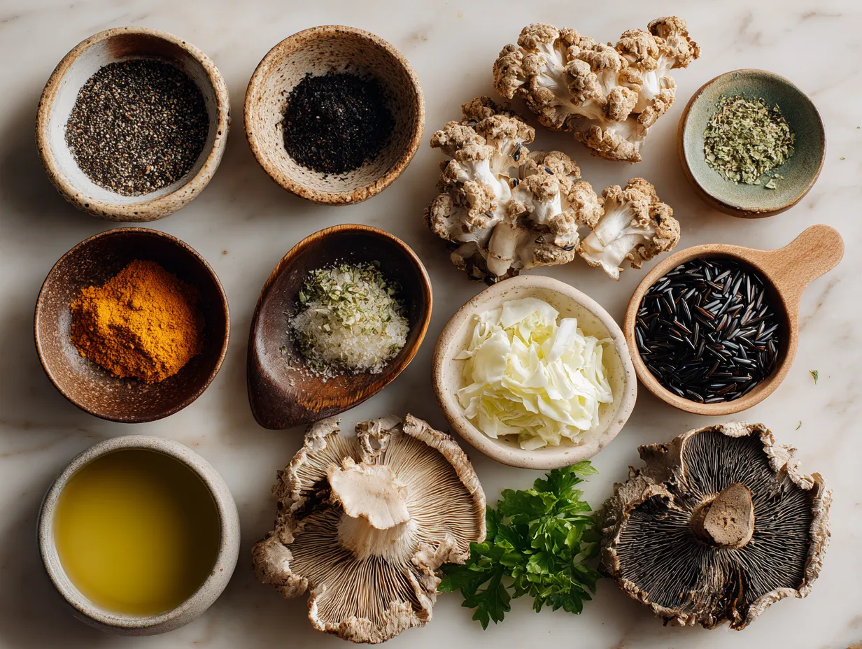 Ingredients for wild rice and mushroom soup